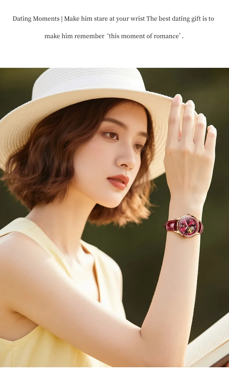 OLEVS Original Rhinestone Flower Design Watch Women's Luxury Rose Gold Watch Wine Red Automatic Mechanical Watch Birthday Gift
