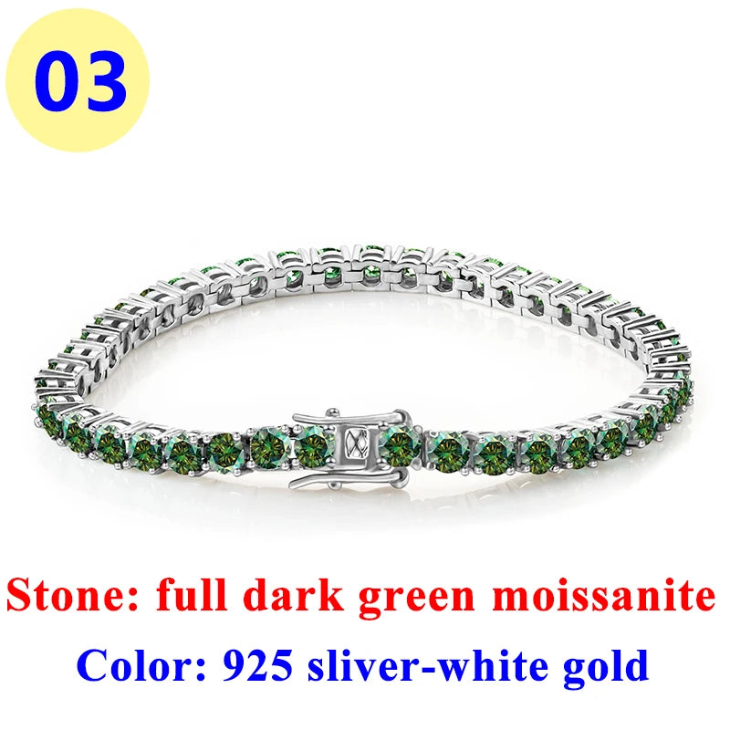 3MM Pink Full Moissanite Tennis HipHop Blue Green Yellow Purple Bracelet S925 Sliver Plated White Gold Bracelet for Women Men