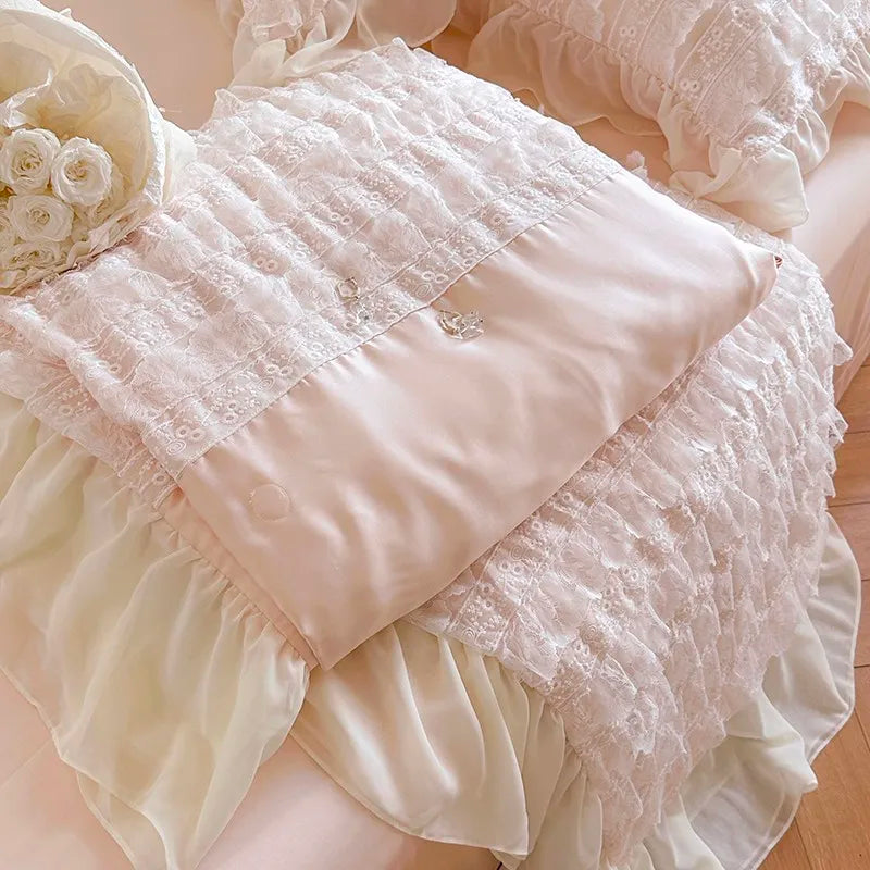 100%Eucalyptus Lyocell Cream White Lace Soft Silky Textured Wrinkle-Free Summer comforter Blanket 1Pc Flat sheet 2Pillow shams