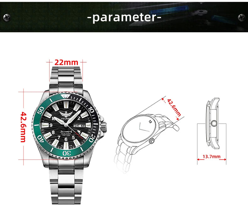 Yelang V1217 300m Diving Solar Watch Japan VS43 Swiss Super Luminous Water Ghost Waterproof Top Sapphire Aluminum Bezel Reloj