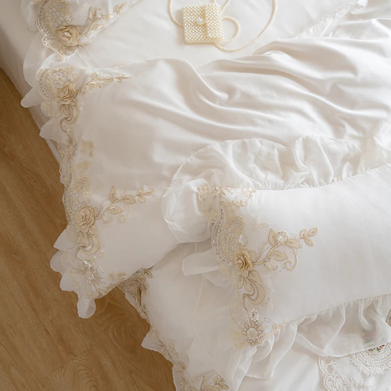 White Lace Embroidery Princess Bedding Set Luxury High End France Style Egyptian Cotton Duvet Cover Sets Bed Sheet Pillowcases