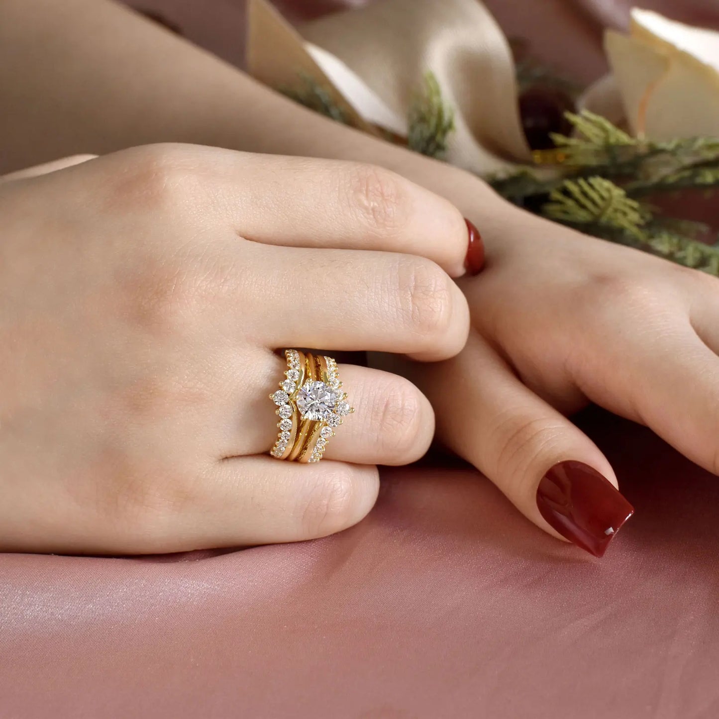 Newshe 14k Yellow Gold Bridal Ring Set for Women 2Ct Round Cut AAAAA Cubic Zircon Wedding Engagement Anniversary Band BR1167_Y