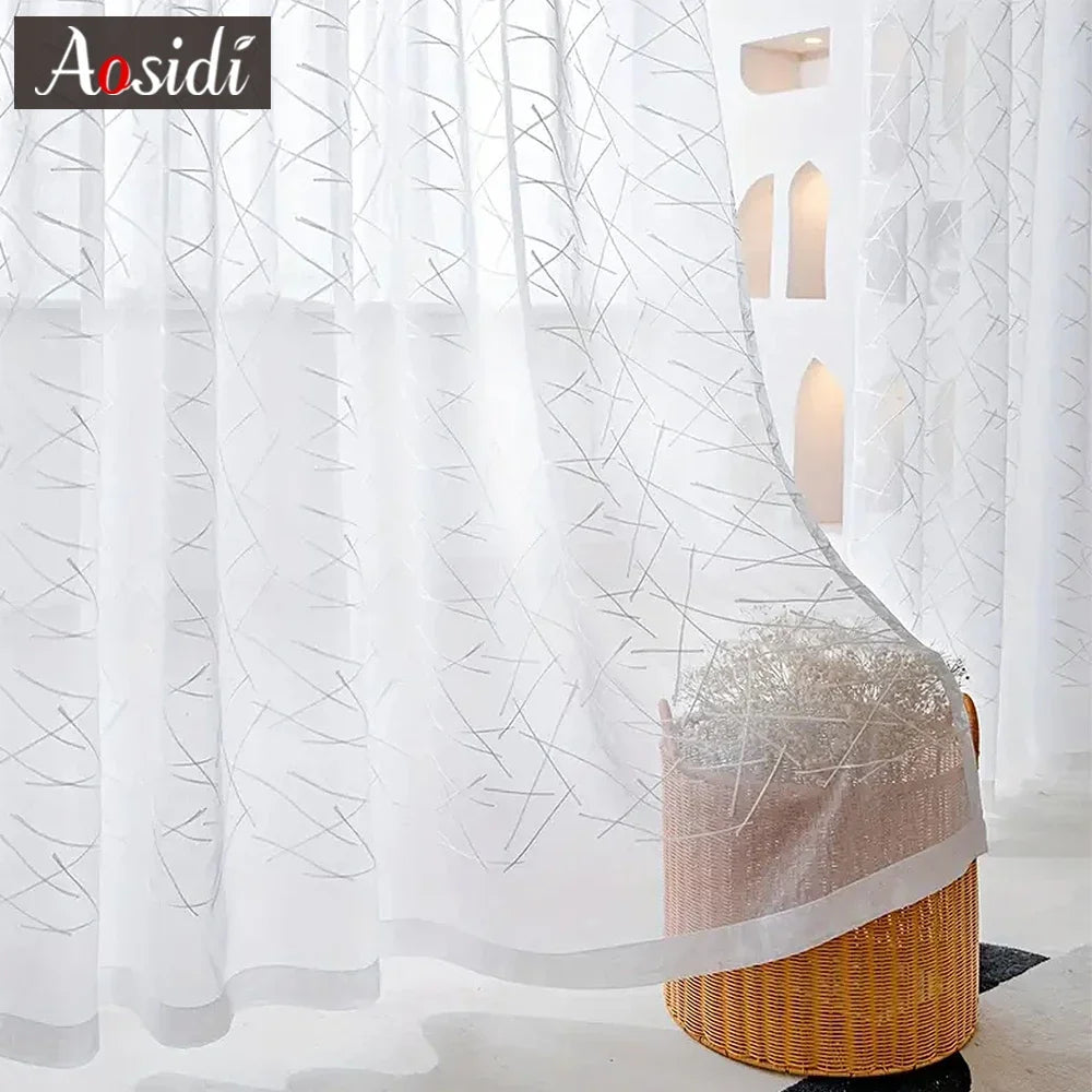 New Geometry White Embroidery Tulle Curtains for the Living Room Modern Sheer Curtain for Bedroom Window Blind Voile Custom Size