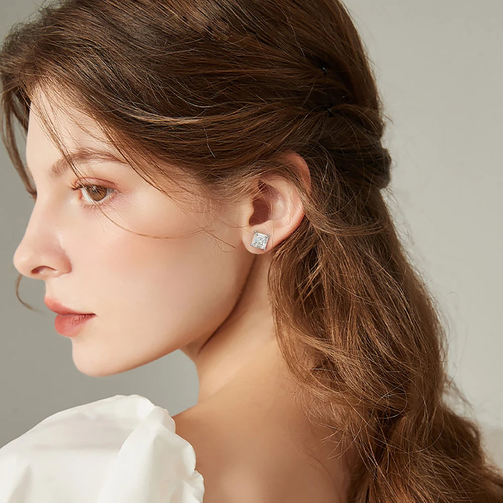 1/2/3CT Asscher Cut Moissanite Stud Earrings with Certificate Square Solitaire Lab Diamond Earring for Women S925 Silver Jewelry