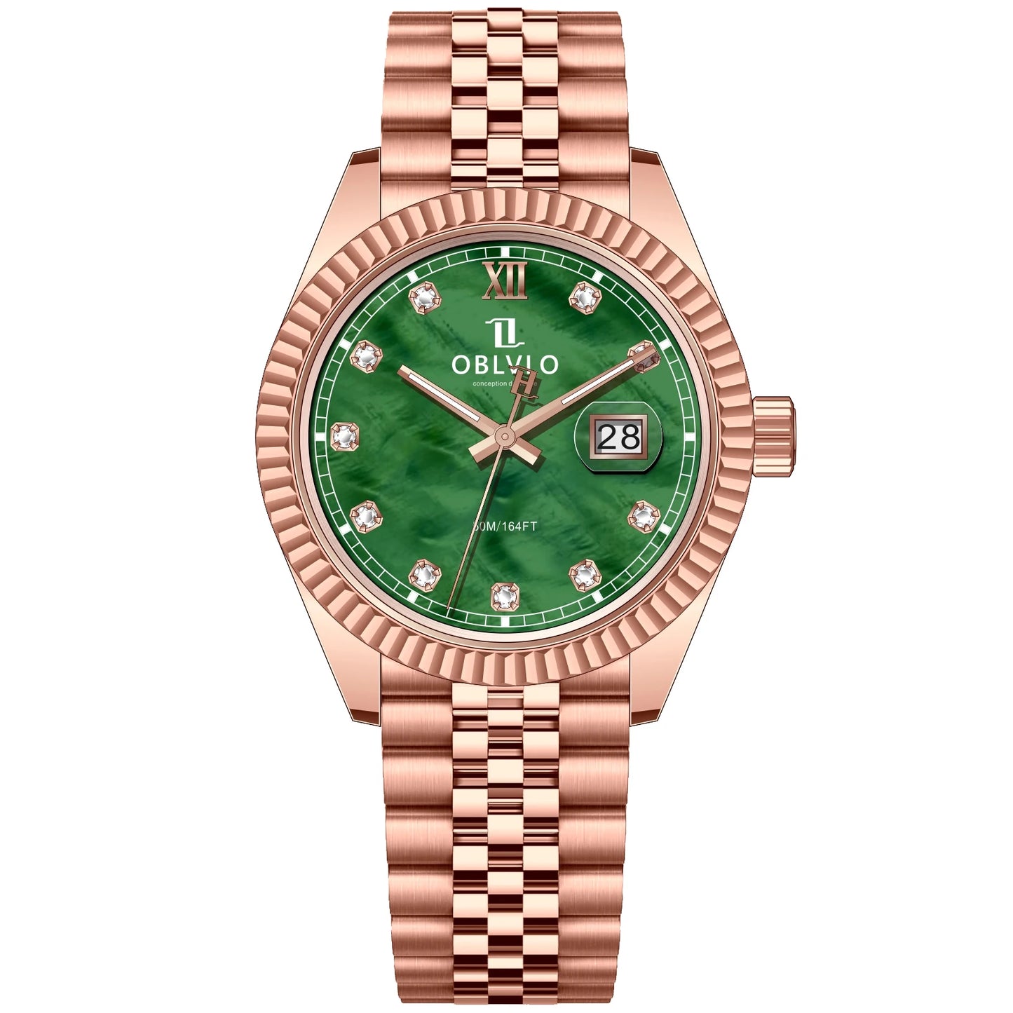 OBLVLO Men's Elegant Yellow Gold Red Dial Bracelet Quartz Watch with Date Fashion Green Dial Business Watches for Men RX-PE