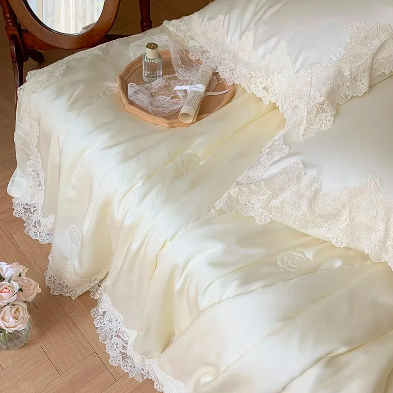 100%Eucalyptus Lyocell Cream White Lace Soft Silky Textured Wrinkle-Free Summer comforter Blanket 1Pc Flat sheet 2Pillow shams