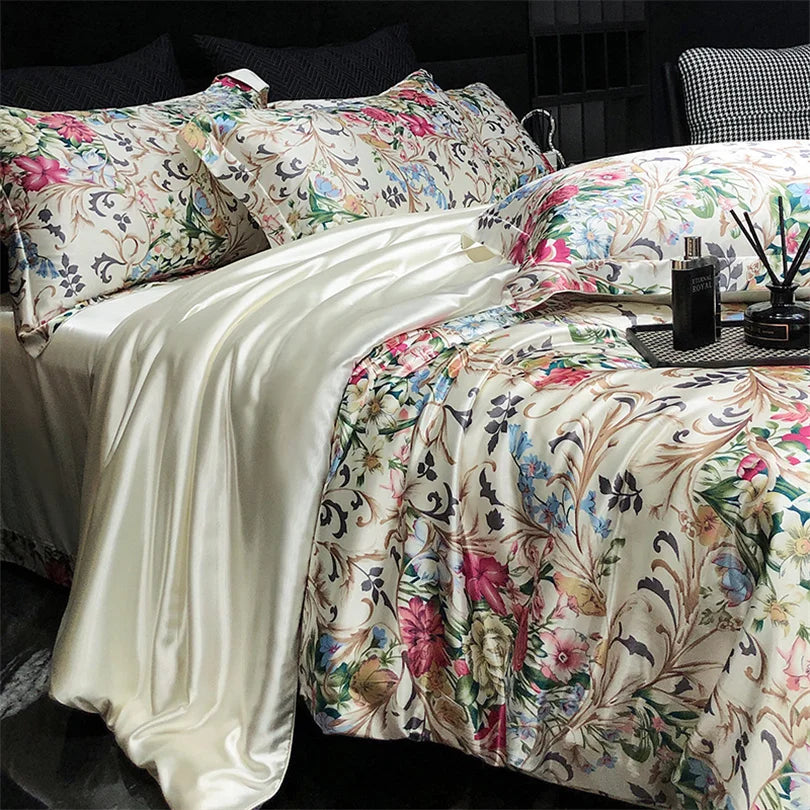 Floral Silk Bedding Set with Duvet Cover Bed Sheet Pillowcase Luxury Couple Single Double King Queen Soft Bedsheet Nordic Smooth