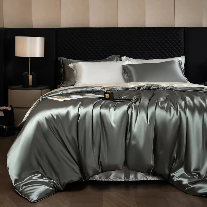 Silk Bed Sheets Set Luxury Bedding Set with Duvet Cover Fitted/Flat Bedheet Pillowcases Mixed with Rayon King Queen Full Twin