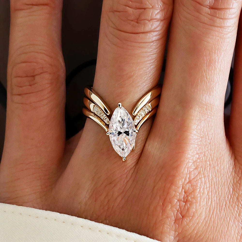 BXINY Marquise Cut Moissanite Ring Set S925 Silver Plate 18K Gold for Women GRA Certified Lab Diamond Wedding Band Gifts Jewelry