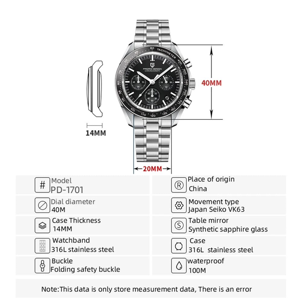 2025 New PAGANI DESIGN Mens Watches Top Brand Luxury Automatic Quartz Chronograph Waterproof Sport Stainless Steel Clock Relogio