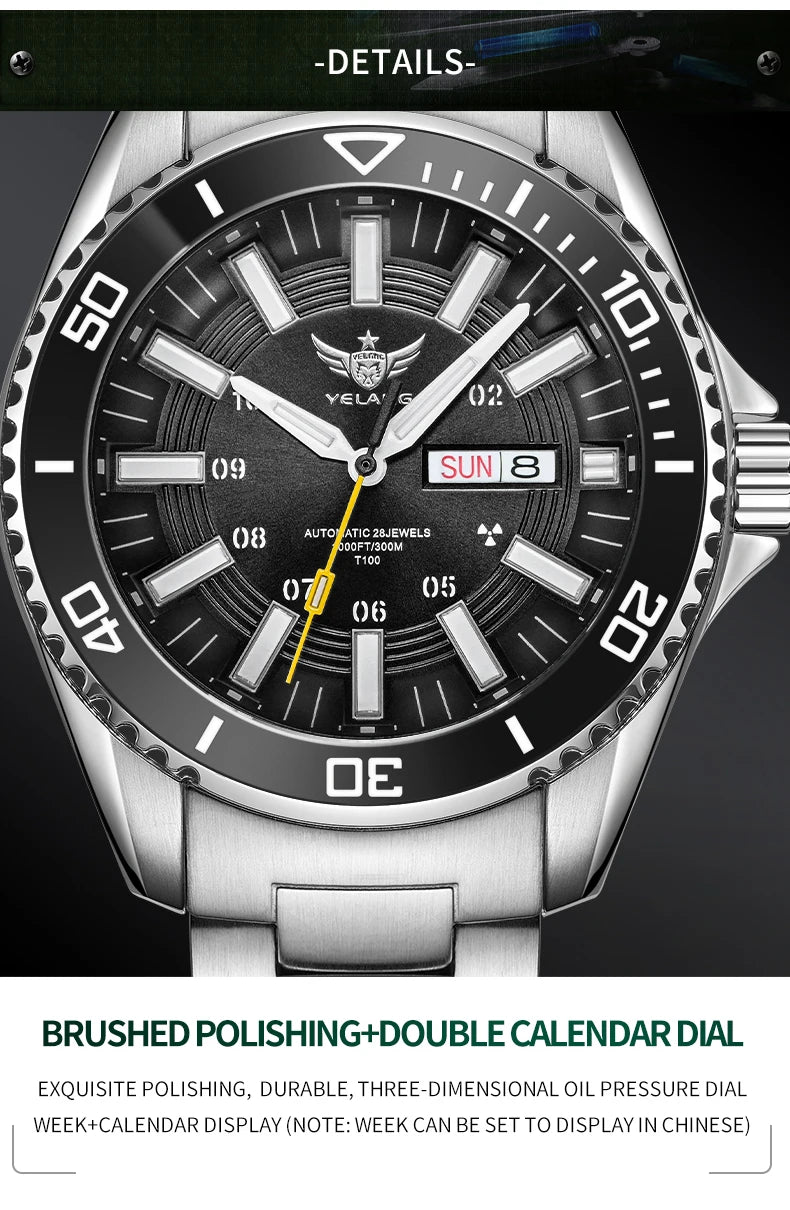 YELANG Automatic Mens Green Water Ghost Watches H3 T100 Self Luminous Wristwatch Waterproof 300m Turning Ceramic Bezel V1032