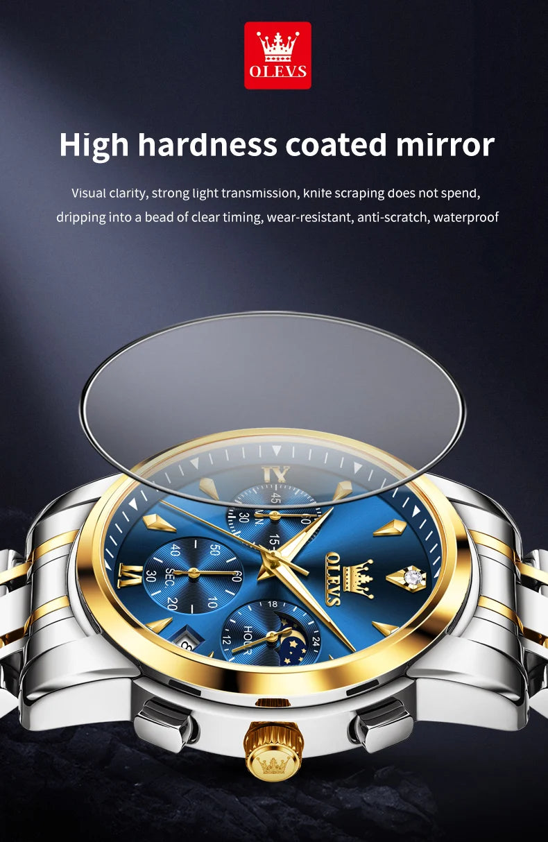 OLEVS 3639 Top Brand Original Luxury New Quartz Watch Stainless Steel Watch For Men Waterproof Luminous Moon Phase Mens Watch