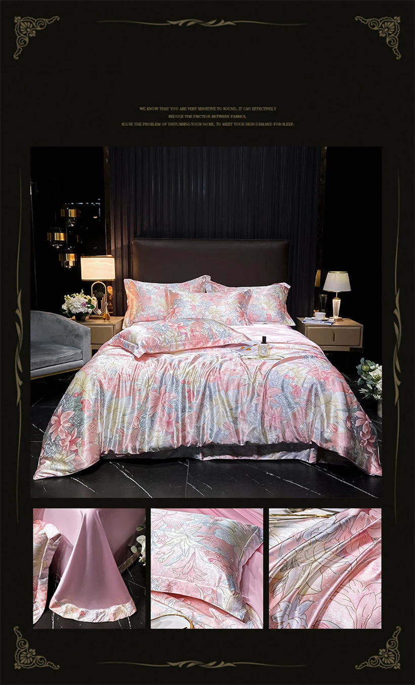 Floral Silk Bedding Set with Duvet Cover Bed Sheet Pillowcase Luxury Couple Single Double King Queen Soft Bedsheet Nordic Smooth