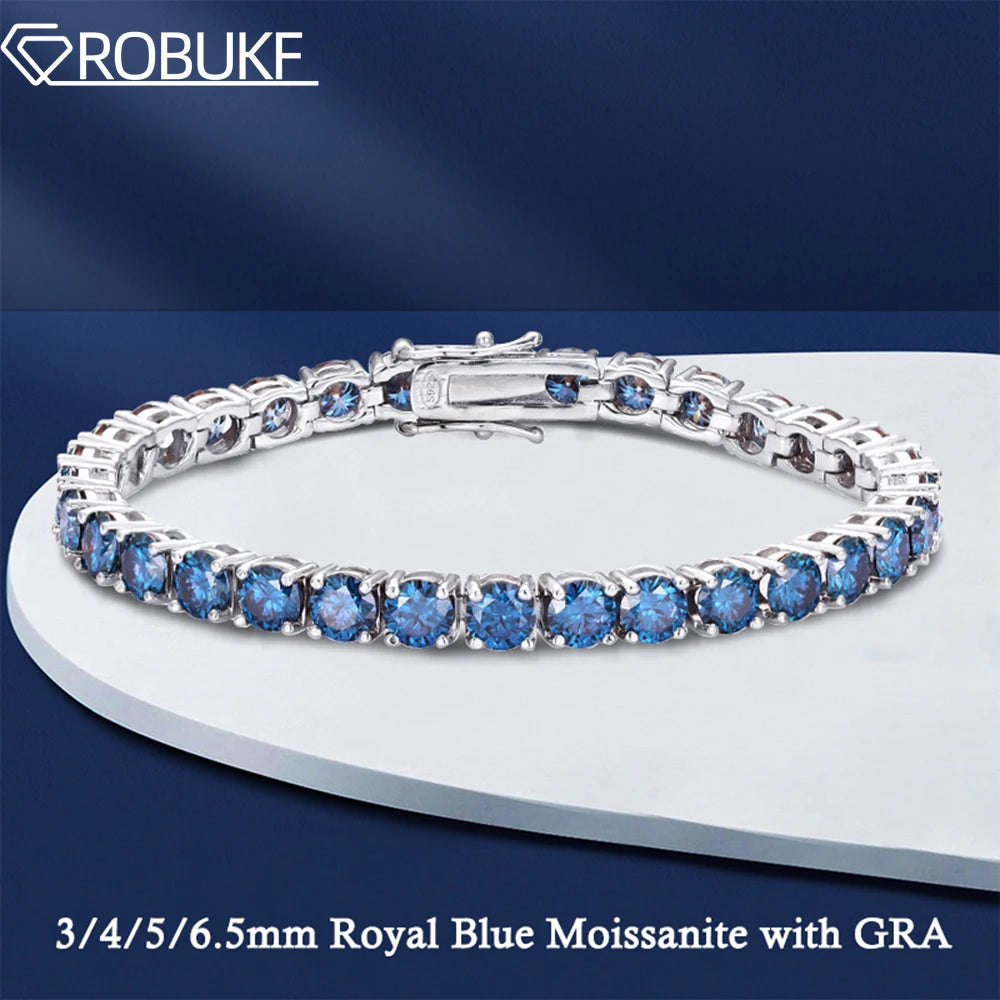 3/4/5/6.5MM Full Royal Blue Moissanite Tennis Bracelet for Women Men Original 925 Sterling Silver Wedding Party Jewelry with GRA