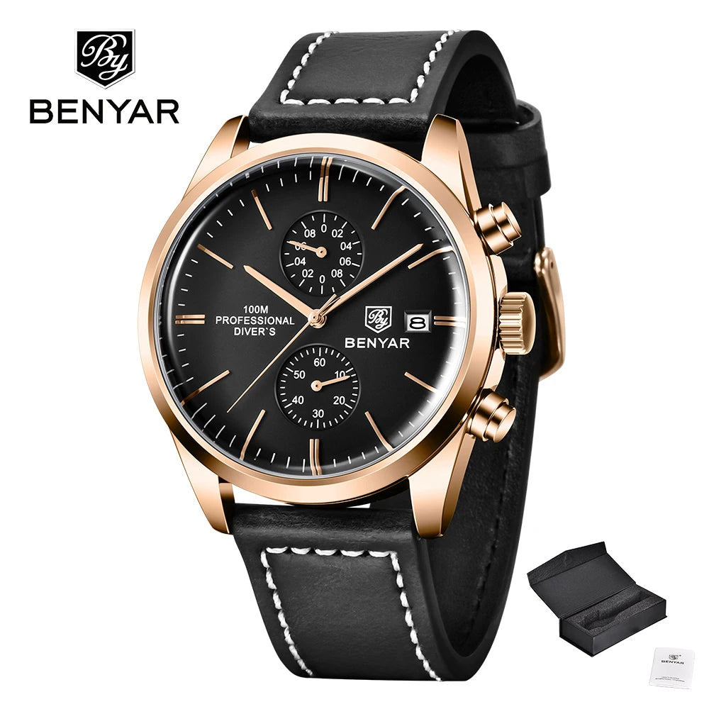 BENYAR Men Quartz Wristwatches Luxury Brand Chronograph Leather Sports Watch For Men Military 100M Waterproof Reloj Hombre 2023