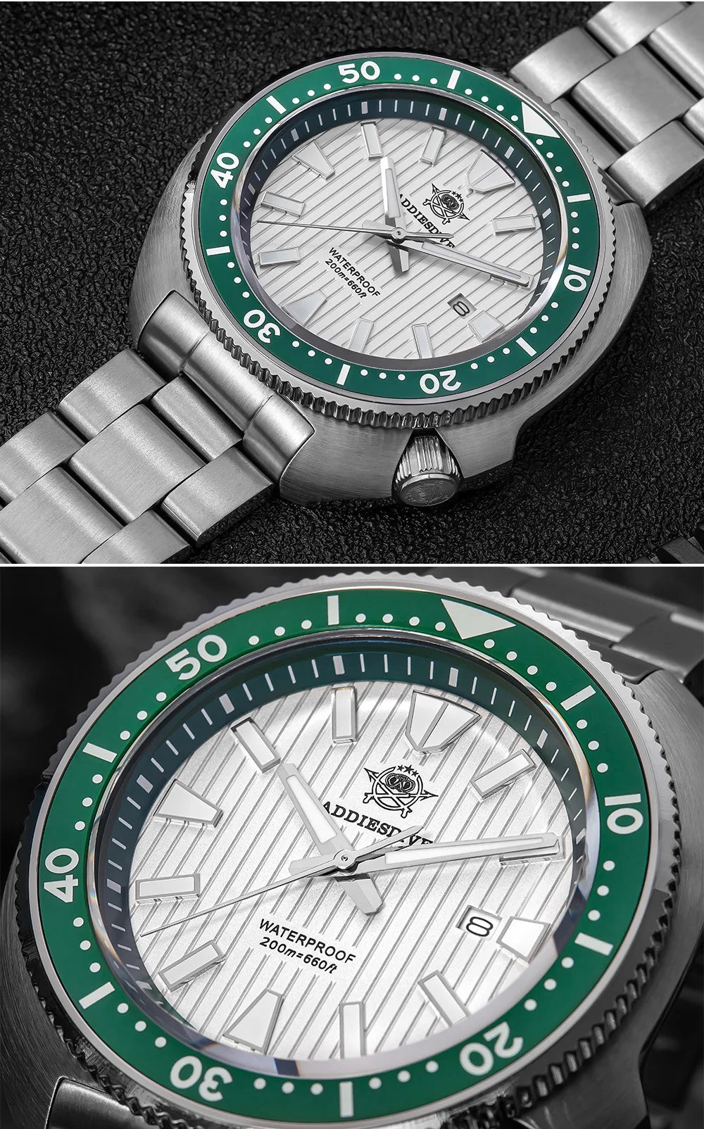 ADDIESDIVE Men's Watch Stainless Steel Sapphire Crystal Quartz Watch Men's Luminous 200M Waterproof Gift Men's Analog Watch