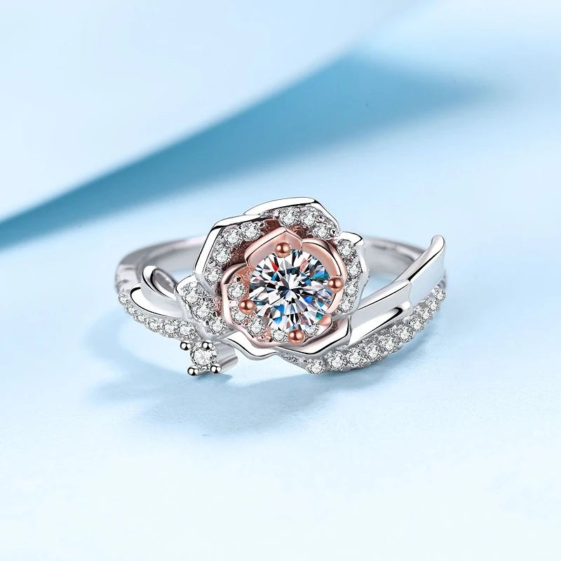Halaile D Color Moissanite S925 Sterling Silver Rose Flower Ring Luxury Fine Jewelry Women Sparkly Bridal Wedding Gift