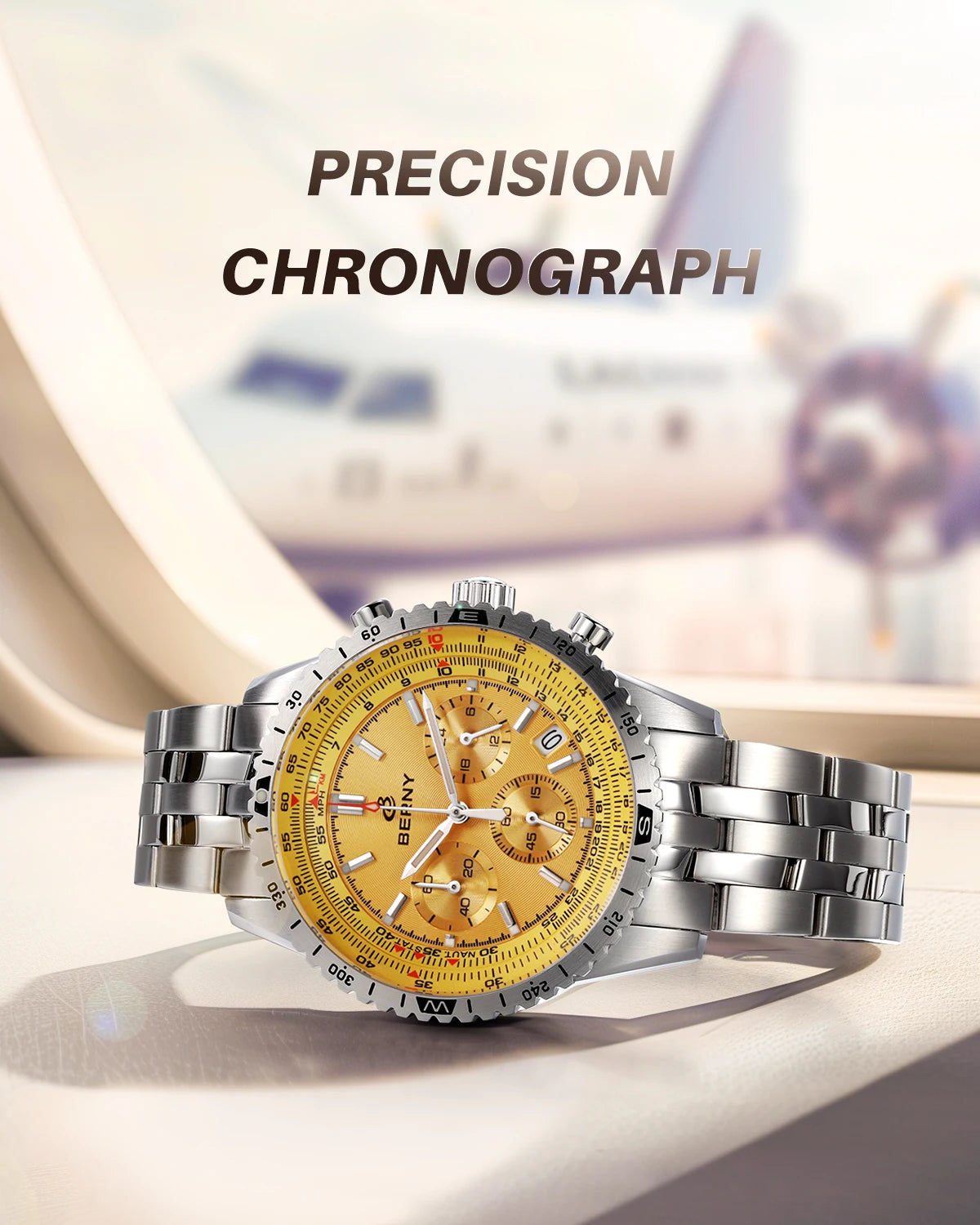 BERNY Aviation Pilot Men's Watches Quartz Chronograph Watch Date Sapphire Super Luminous Luxury Brand Dress Man Wristwatch