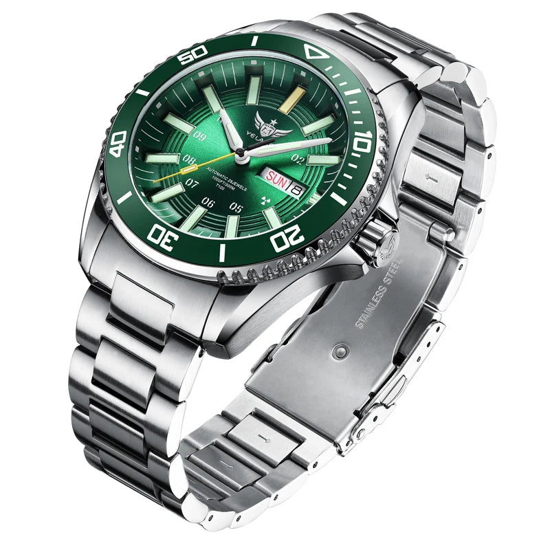 YELANG Automatic Mens Green Water Ghost Watches H3 T100 Self Luminous Wristwatch Waterproof 300m Turning Ceramic Bezel V1032