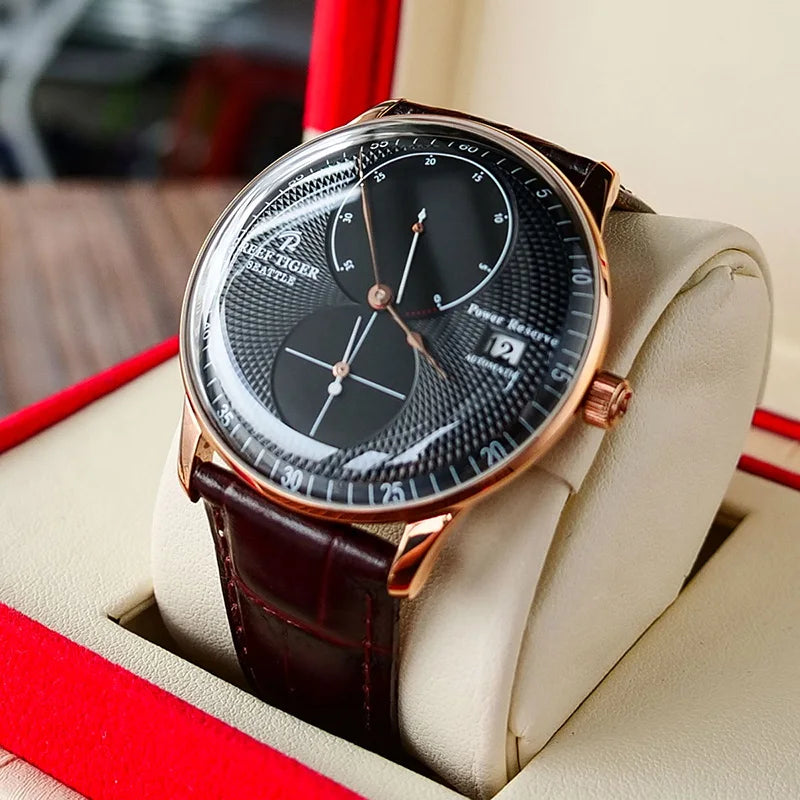 Reef-Tiger /RT Men Luxury Watch Rose Gold Mechanical Watch Brown Leather Strap Analog Watches Relogio Masculino RGA82B0
