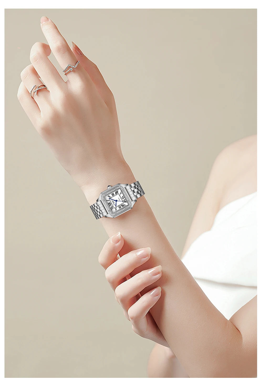 ROLENDO Luxury Gold Square Watch for Santos 33mm Diamond-Set Sapphire Crystal Roman Scale 5ATM Women's Automatic Wristwatch Gift