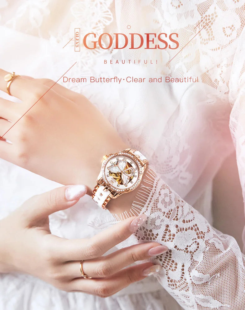 OLEVS 6622 Luxury Women All Automatic Mechanical Watch HD Waterproof Elegant Butterfly Diamond Women Fashion Bracelet Set Watch