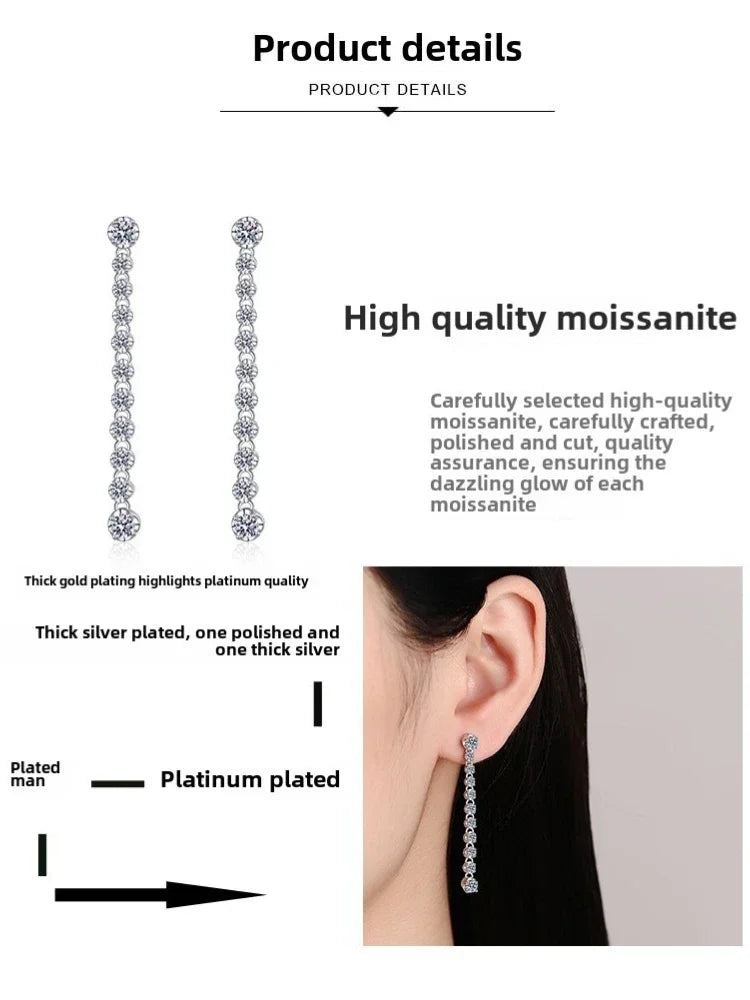 Moissanite 925 Sterling Silver Earrings Fringed Long Row Earrings Engagement Fine Jewelry Light Luxury and High-end Design