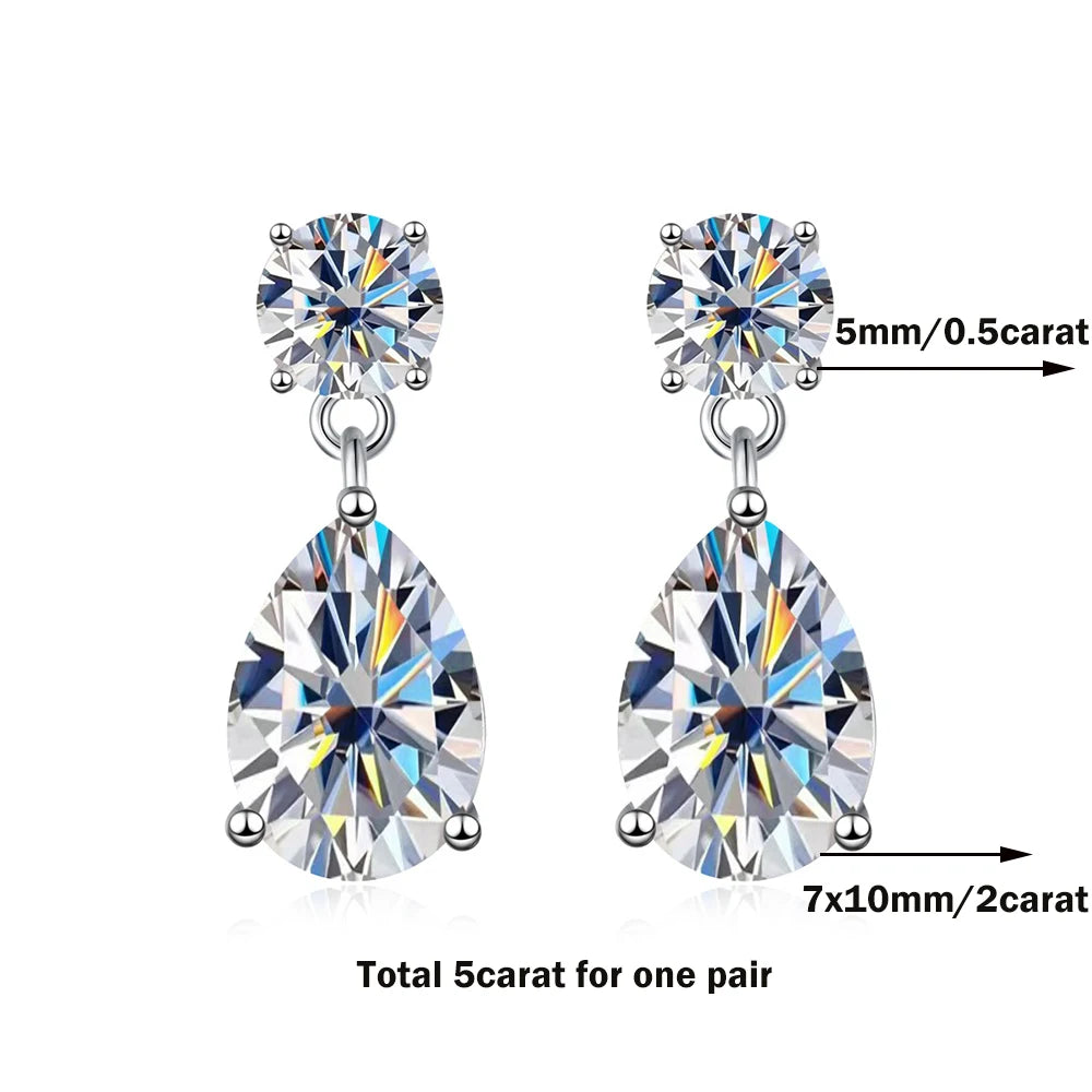 Certified Pear/Round Cut Moissanite Diamond Drop Earrings for Women 100% 925 Sterling Silver Waterdrop Shape Stud Earring