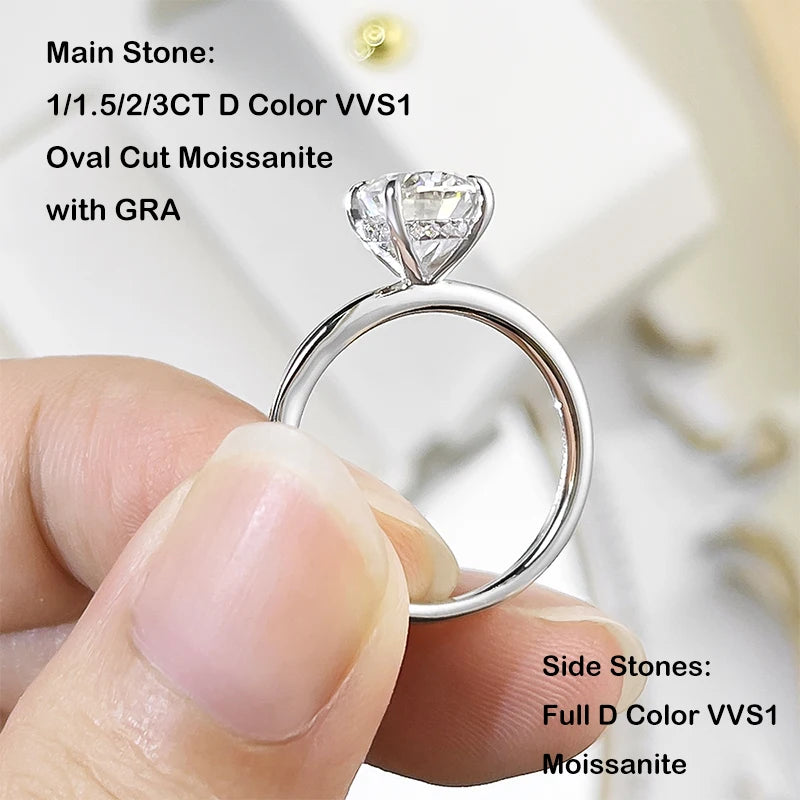 EWYA Luxury 1/2/3CT Oval Cut Full Moissanite Ring For Women S925 Silver Plated 18K White Gold Diamond Rings Bridal Wedding Band