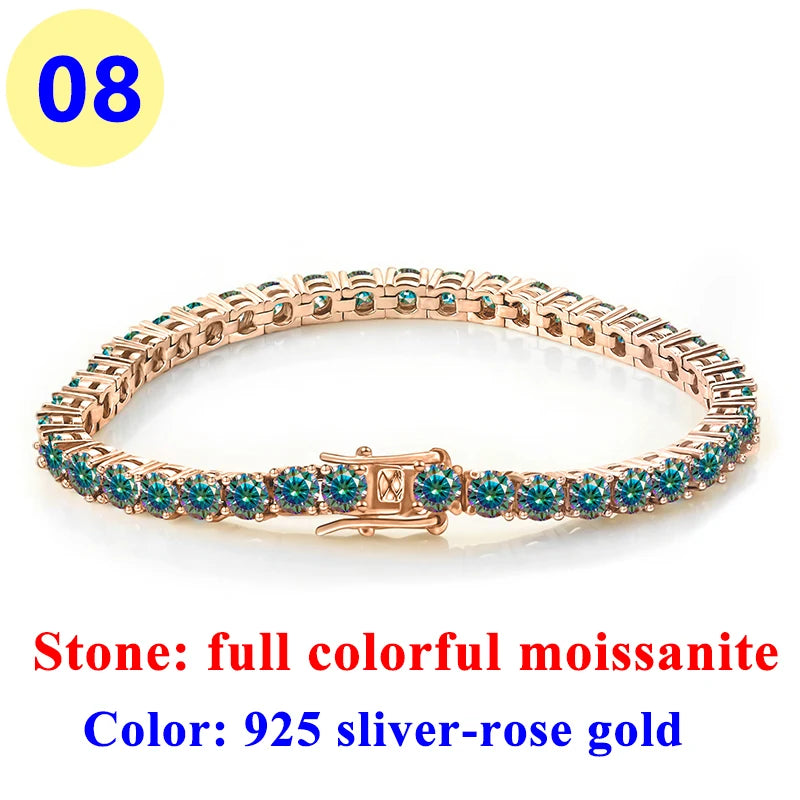 3MM Pink Full Moissanite Tennis HipHop Blue Green Yellow Purple Bracelet S925 Sliver Plated White Gold Bracelet for Women Men