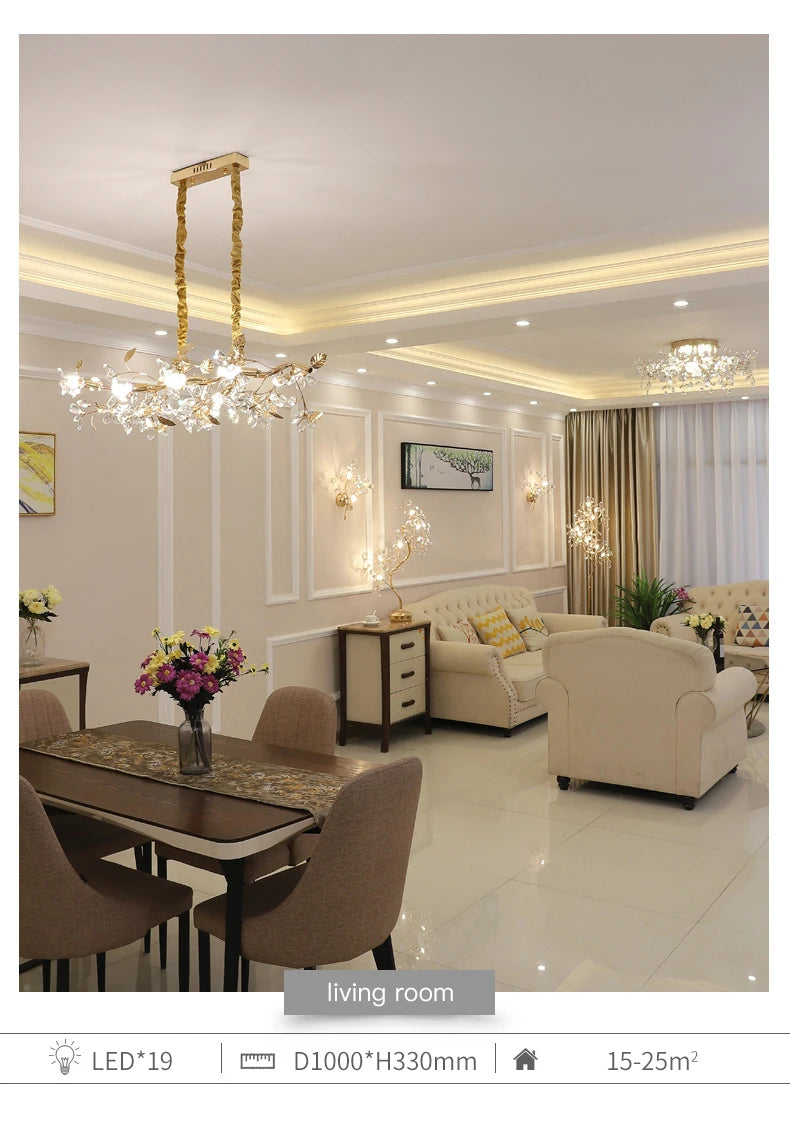 Luxury Crystal Flower Ceiling Light Gold LED Branch Tree Chandelier For Living Room Bedroom Villa Hotel Decor Bedside Wall Lamp