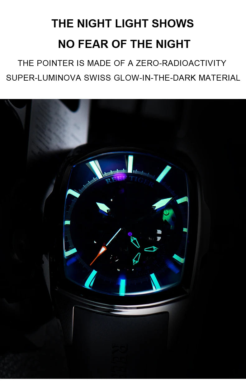 Reef Tiger Men's 316L Stainless Steel Skeleton Automatic Watch Wine Barrel Hollow Waterproof Mechanical Sport Watches RGA3069-S