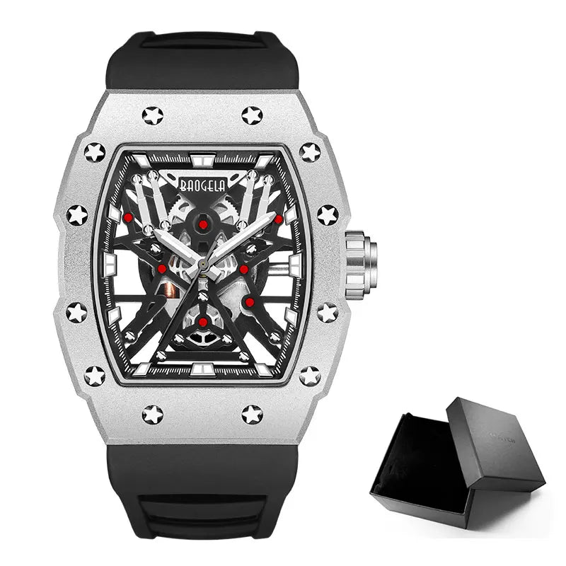 BAOGELA Black Stainless Steel Watch Men Military Sport Analog Quartz Wristwatch with Silicone Strap Luminous Hands Relogio 4147