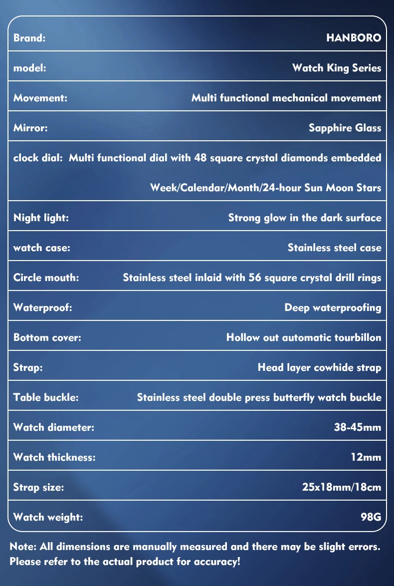 HANBORO Square Men's Fully Automatic Mechanical Watch Multi functional Fashion Trend Watch