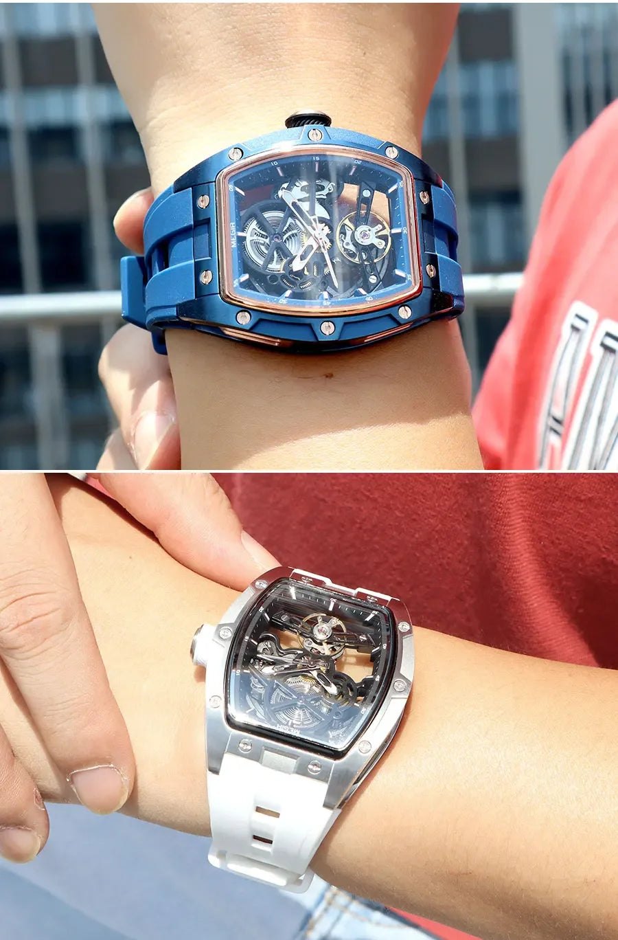 MEGIR Men's Automatic Mechanical Watch with Stainless Steel Case Silicone Band Skeleton Dial Waterproof Sport Wristwatch