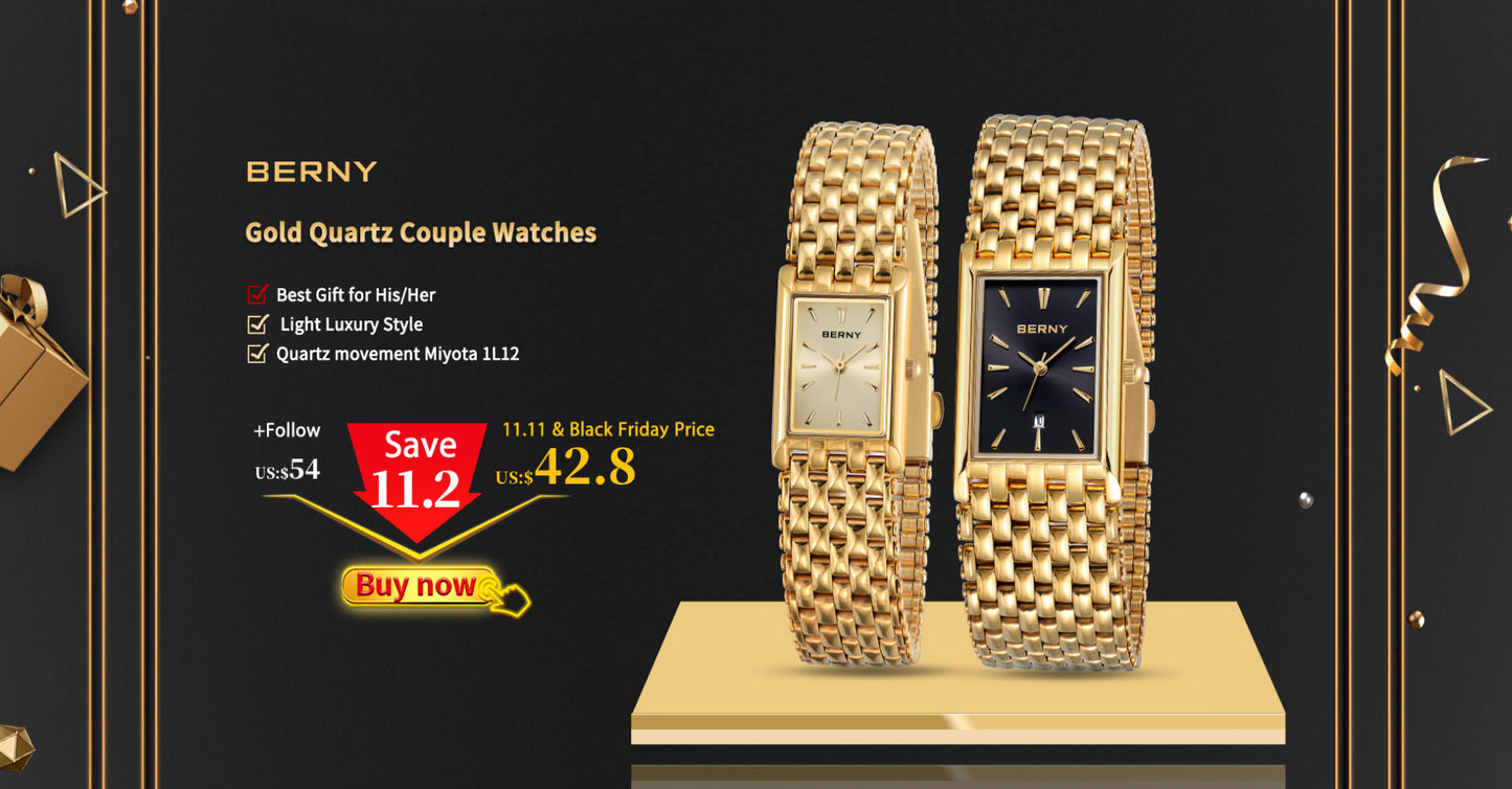 BERNY Women Watch Ladies Quartz Roman Numerals Day Date Calendar Watches Sapphire Glass Solid Steel Strap Women Wristwatch