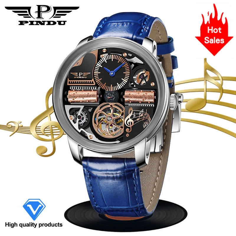 2025 NEW PINDU Design Music Series Machinery Watch Men Movement stainless steel Sapphire Glass Top Luxury Automatic Watch Hollow