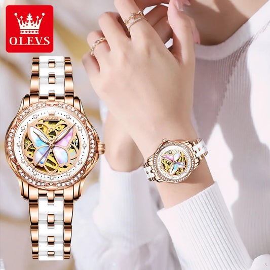 OLEVS Luxury Fashion Women's Watches Colorful Butterfly Dial Original Brand Automatic Mechanical Wristwatch Ceramics Strap Trend