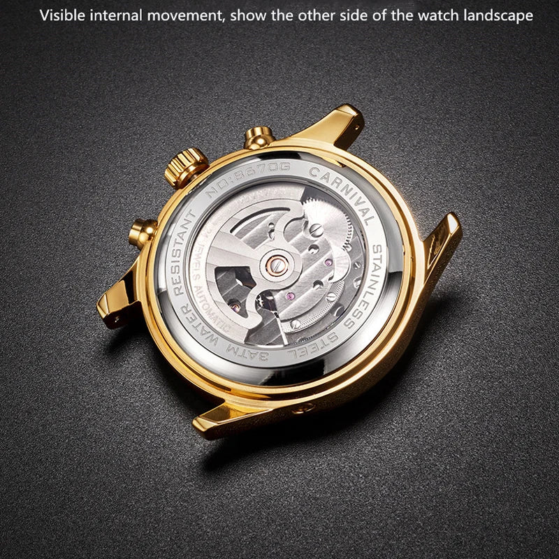 Carnival Brand Luxury Tourbillon Watches Leather Calendar Week Month High-End Mechanical Watch Business Men Automatic Clock