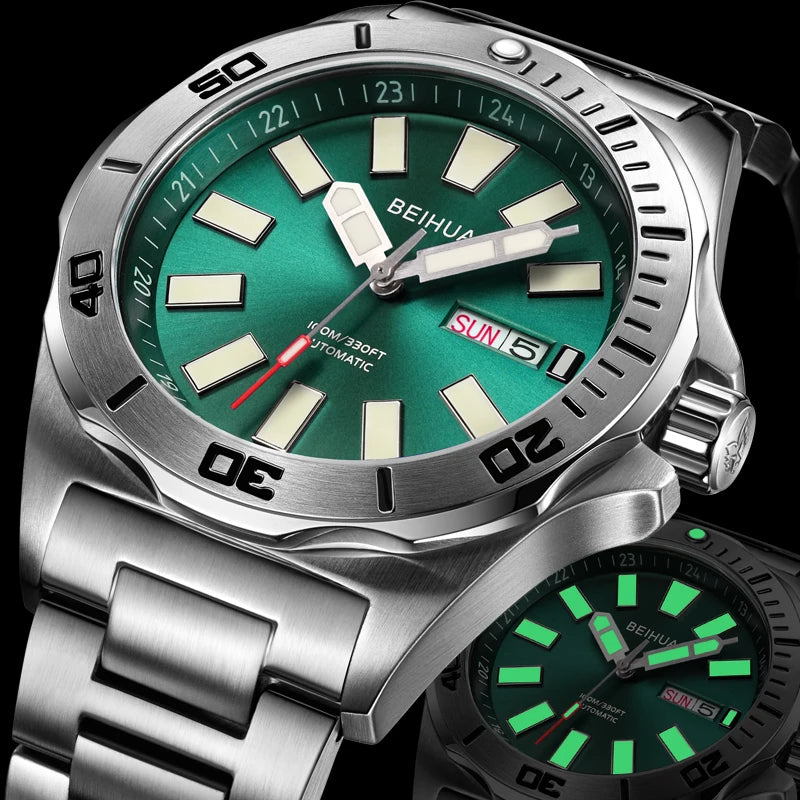BEIHUA Men Automatic Watch Luminous Whole Night Super Bright C3 Japan TOP Mov't 24Jewels Day Date Sapphire  Luxury Gift Military