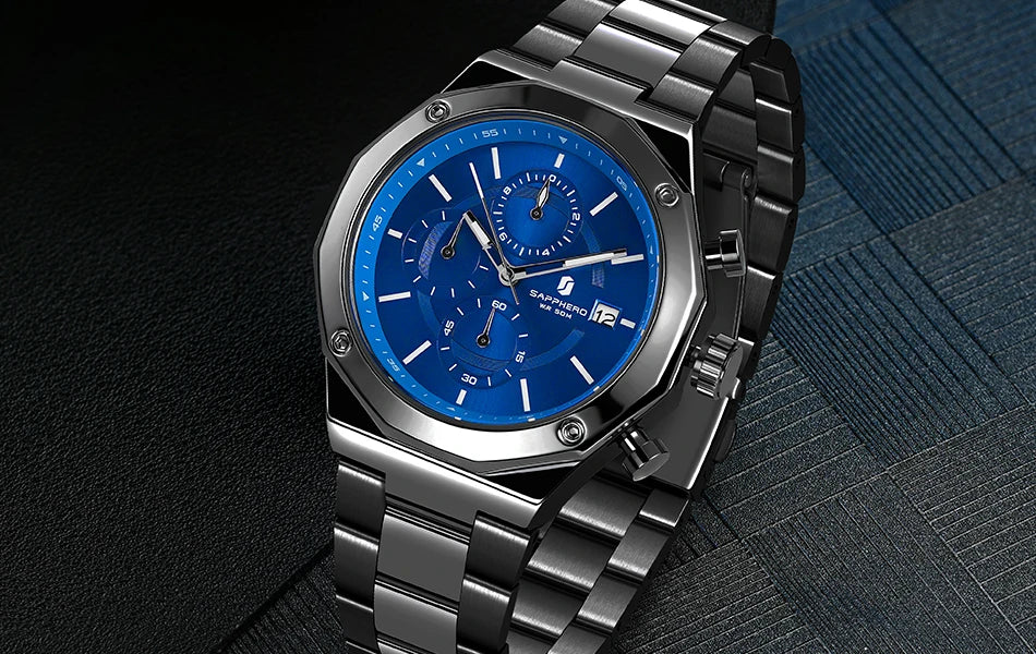 SAPPHERO Rose gold Watch Mens Watch Luxury  Stainless Steel Quartz Watch Business Waterproof Luminous Calendar Wristwatch Gift