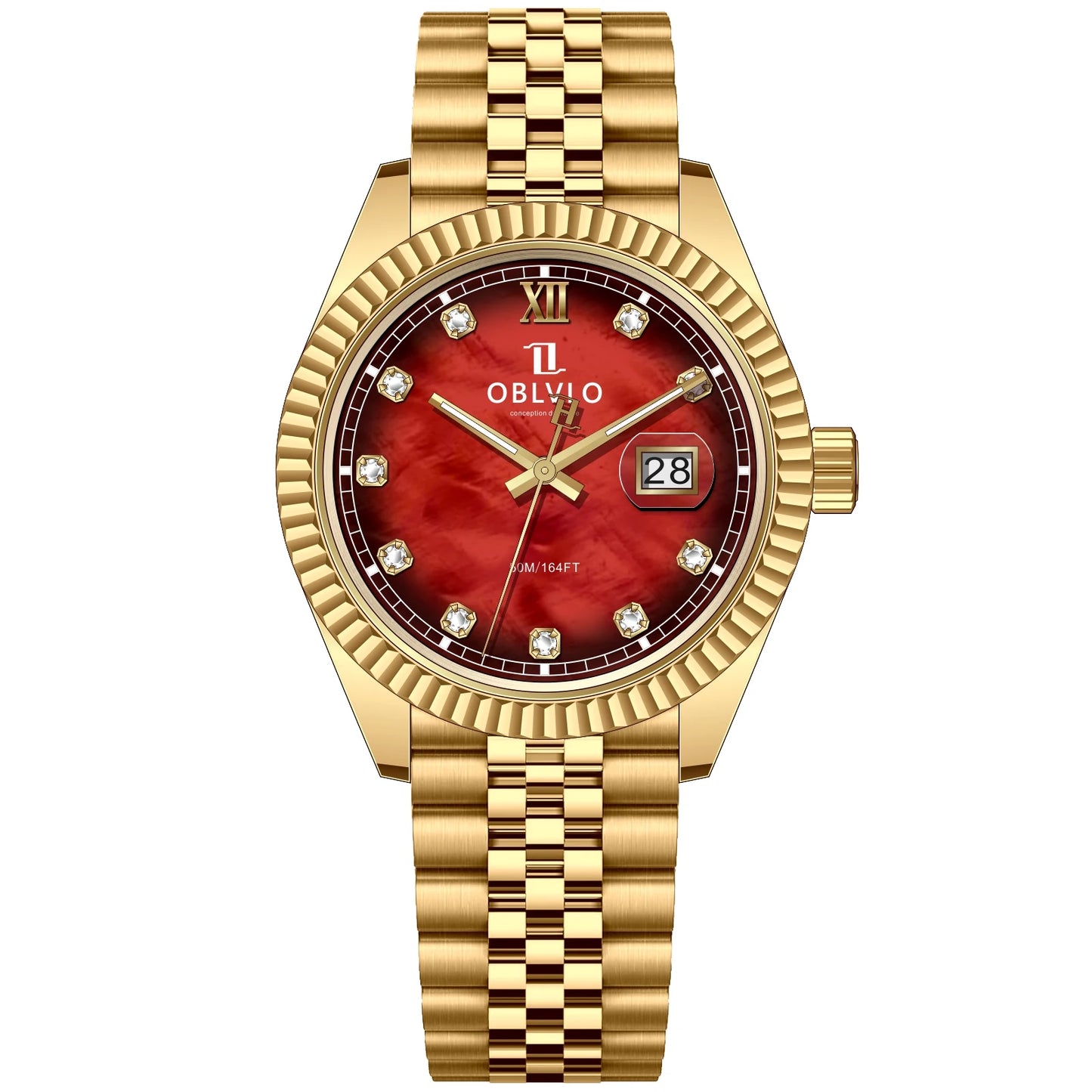 OBLVLO Men's Elegant Yellow Gold Red Dial Bracelet Quartz Watch with Date Fashion Green Dial Business Watches for Men RX-PE