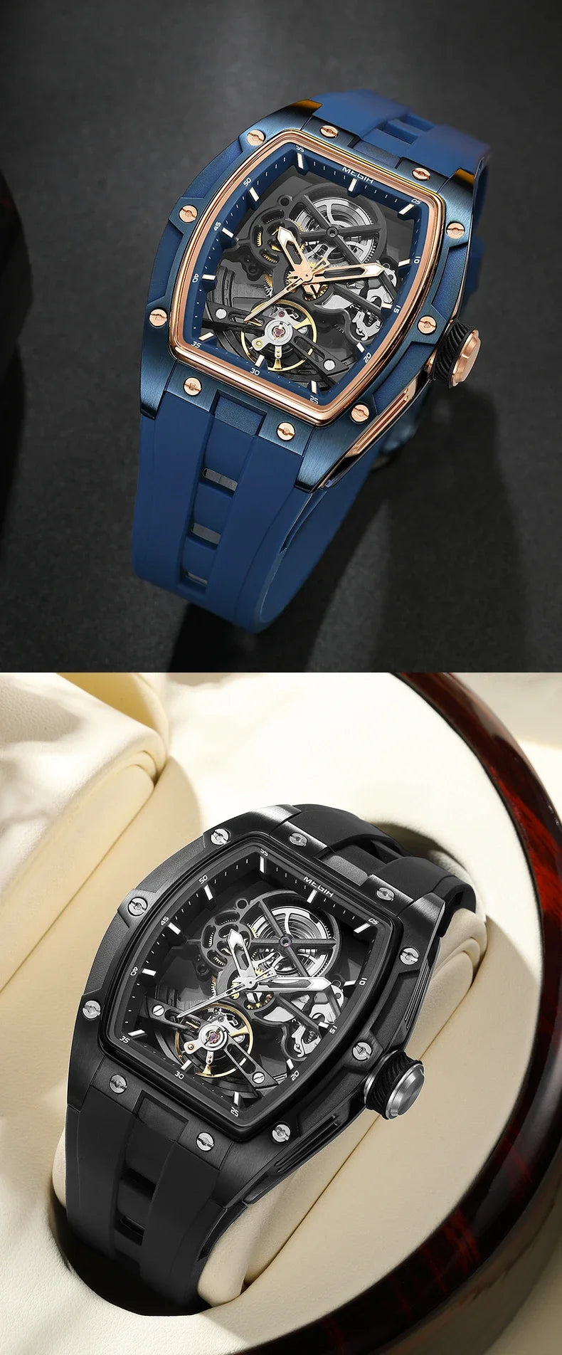 MEGIR Men's Automatic Mechanical Watch with Stainless Steel Case Silicone Band Skeleton Dial Waterproof Sport Wristwatch