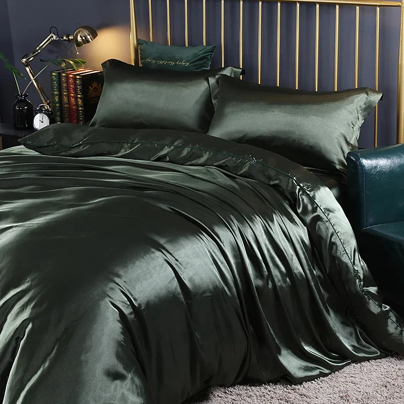 Silk Bedding Set with Duvet Cover Fitted/Flat Bed Sheet Pillowcase Luxury Satin Bedsheet Solid Color King Queen Twin Size