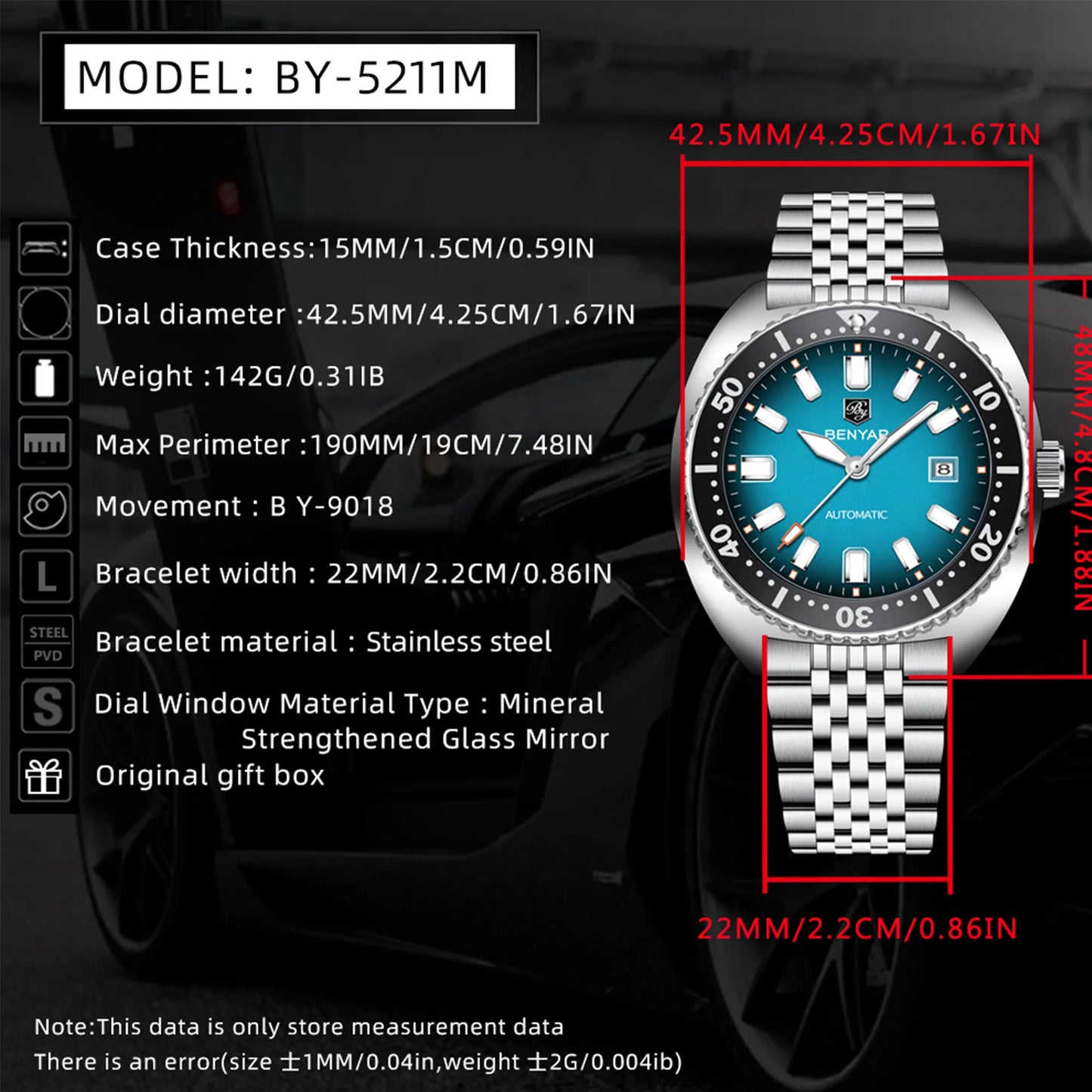 New BENYAR 42MM Tuna Men Mechanical Watch Luxury Stainless Steel Automatic Watch 50M Diving Luminous Watch for Men reloj hombre