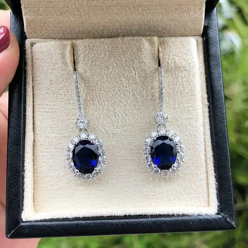 PANSYSEN Vintage 925 Sterling Silver 7x9MM Oval Cut Ruby Sapphire Dangle Drop Earrings for Women Wedding Jewelry Earring Gifts