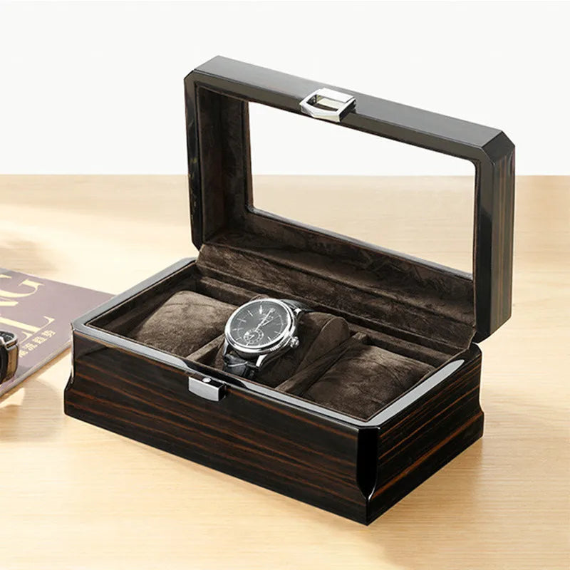 Black Luxury Wood Grain Watch Box 3 Slots Men Quartz Mechanical Watch Boxes Collection Storage Box
