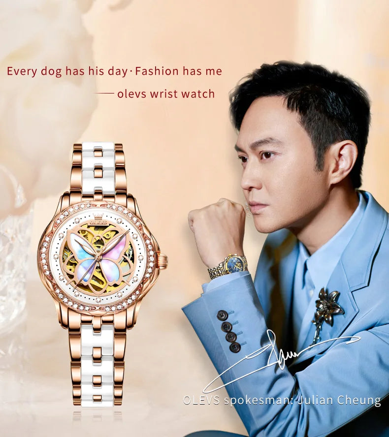 OLEVS 6615 Womens Watch Original Bezel Ceramic Mechanical Automatic Wristwatch Waterproof Luminous Ladies Watch Butterfly Dial