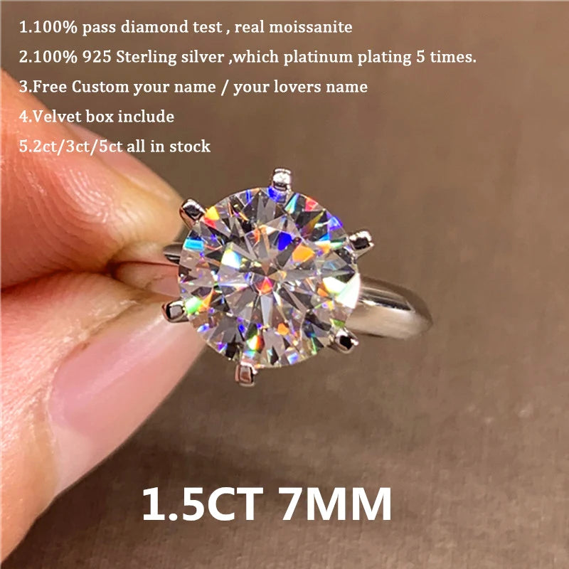 Classic 6 Prongs 5 Carat Round Moissanite Ring Sterling Silver Plated 14K Gold High Clarity D Color Diamond Rings Woman Jewelry