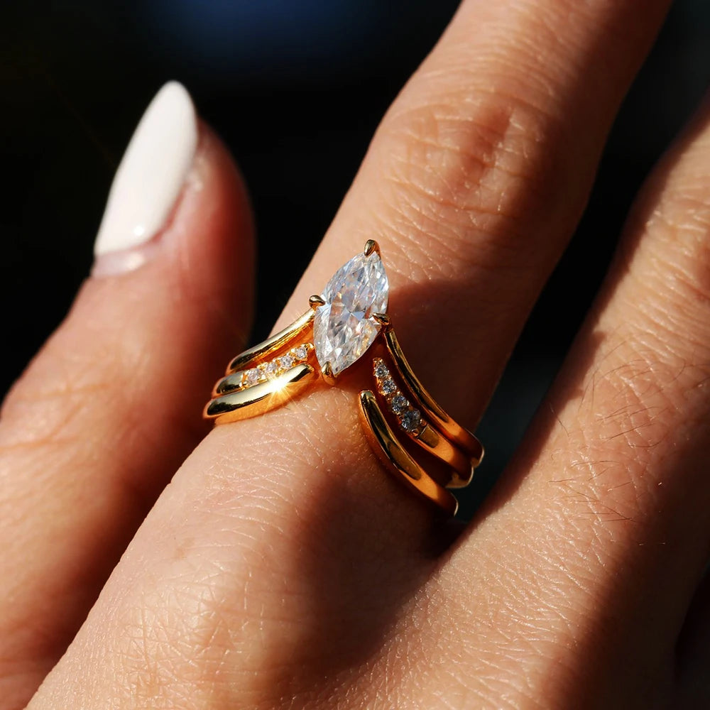 BXINY Marquise Cut Moissanite Ring Set S925 Silver Plate 18K Gold for Women GRA Certified Lab Diamond Wedding Band Gifts Jewelry